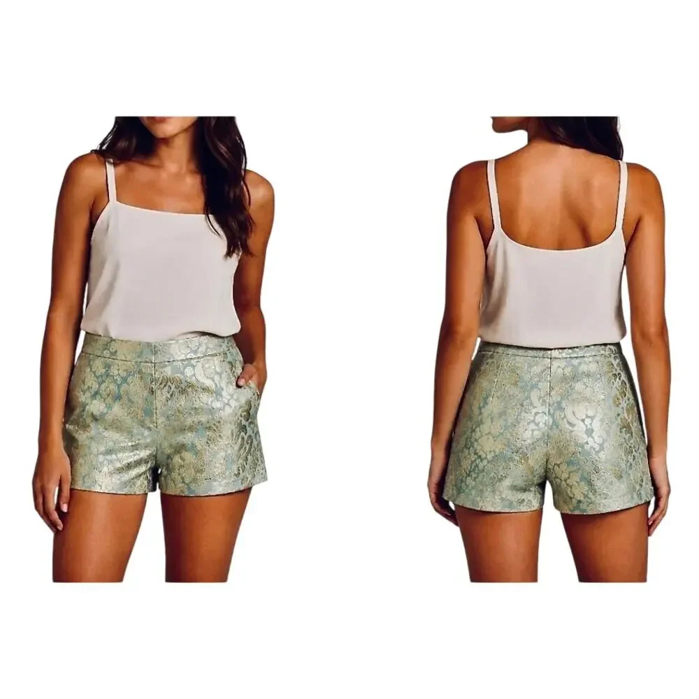 J. Crew Metallic Tapestry Brocade Sparkle Shorts Aqua Gold Size Zip Glam Retro 8